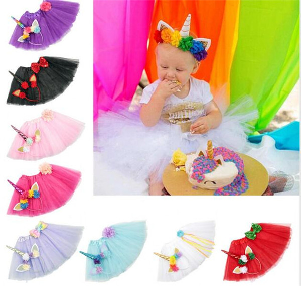 100set Girls INS Unicorn TUTU skirt +hair accessory sets summer lace Bow flower decoration short skirt kids dress Y169