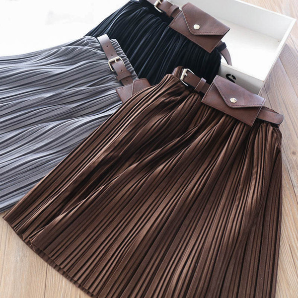 New velvet girls skirts fashion pleated kids skirts fashion pocket long girls skirt Winter kids designer clothes girls clothes A9899