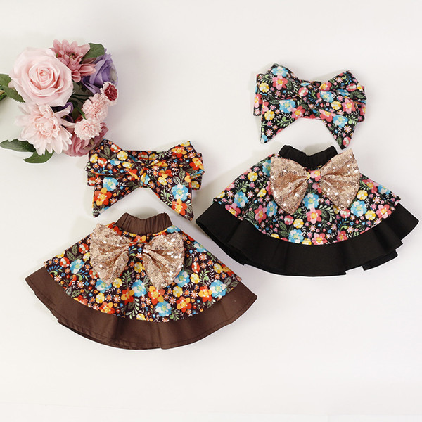 Toddler Girls Kids Floral Sequin Bow Patchwork Ruffles Skirt with Headband Coffee Black Color Twirly Skater Party Skirts Clothes