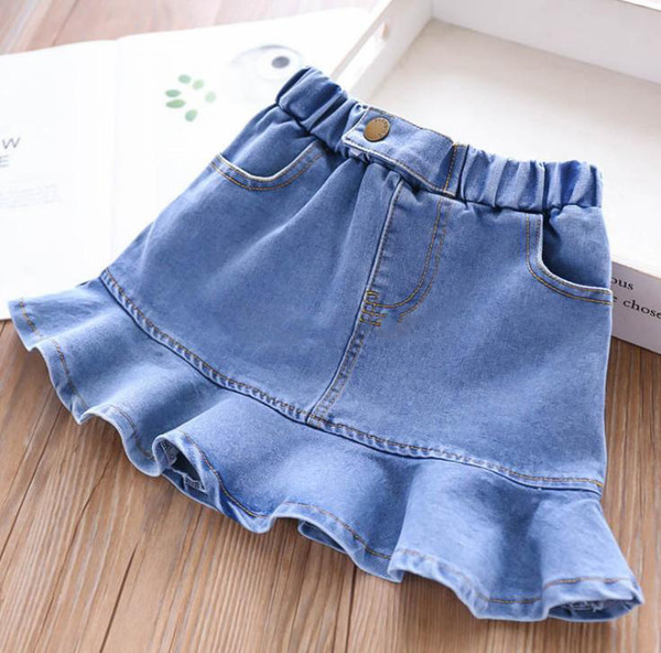 Fashion Kids denim skirt girls double pocket falbala jean skirt children elastic waist cowboy skirt 2019 summer new kid clothes