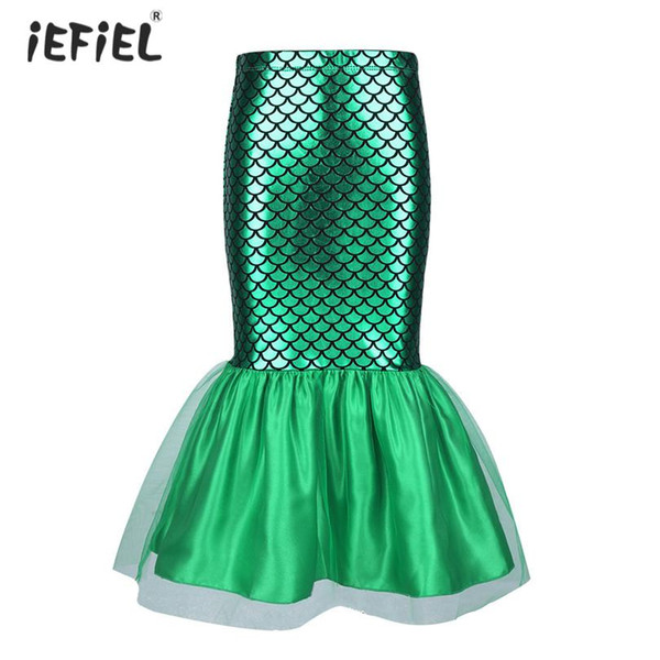 Kids Girls Skirts Glossy Fish Scale Printed Mermaid Tail Skirt Princess Walkable Skirt Trumpet Cosplay Party Costume Fancy