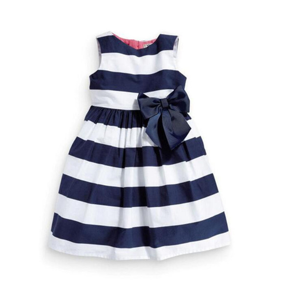 Fashion Baby Kid Girls Sleeveless One Piece Dress Blue Striped Bowknot Tutu Dresses Summer Free Shipping