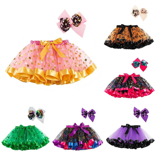 Fancy Mini Skirt Girl Halloween Skirt Pumpkin Lantern Print Costume Sequin Bow Skirts Party Pettiskirt Kids Holiday Tutu