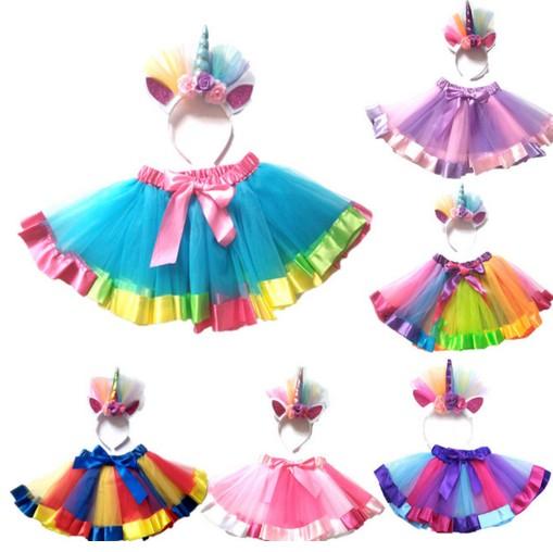 New Kid Baby Girls Rainbow Tutu Skirt Unicorn Headband 2Pcs Photo Prop Costume Outfits Party Shows Perform Skirt 1-8T