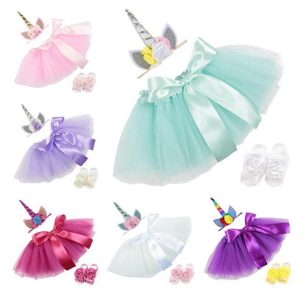 unicorn baby Dress Suits 3pcs/set birthday Infant Girls Outfits unicorn floral Headbands+ Tutu Skirts + Flower shoes Newborn Clothing BY0273