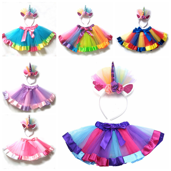 Kids Rainbow TUTU Skirt With Unicorn Headband Dress Children Girls Gauze Ball Gown Colorful Dance Ballet Pettiskirt Party Dress AAA1059