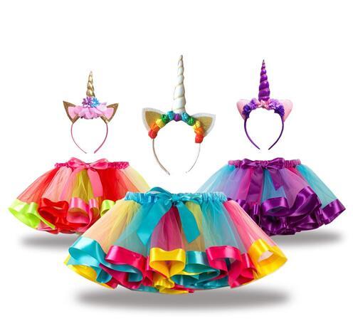 Girl Lace tutu dresses Princess Rainbow Kids Skirts Summer 2019 Party bow children dress with Uincorn headbands