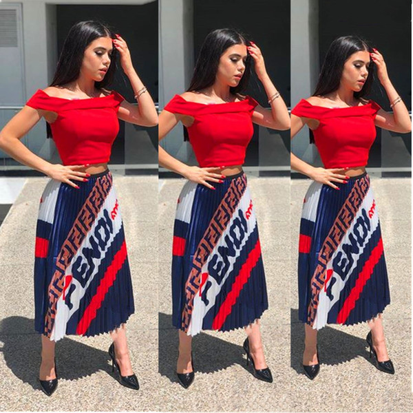 Women F Letter Print Dress Pleated Skirts Elegant Ladies Vintage Dress A-Line Long Skirts Ruffle Flared Maxi Skirt Party Wear AAA2215