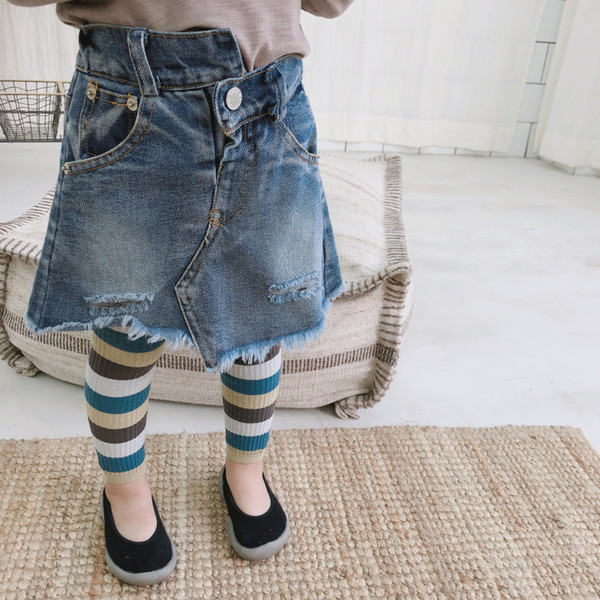 2019 Autumn New Arrival korean style cotton pure color fashion Broken Hole irregularly Denim Skirt for cool cute baby girls