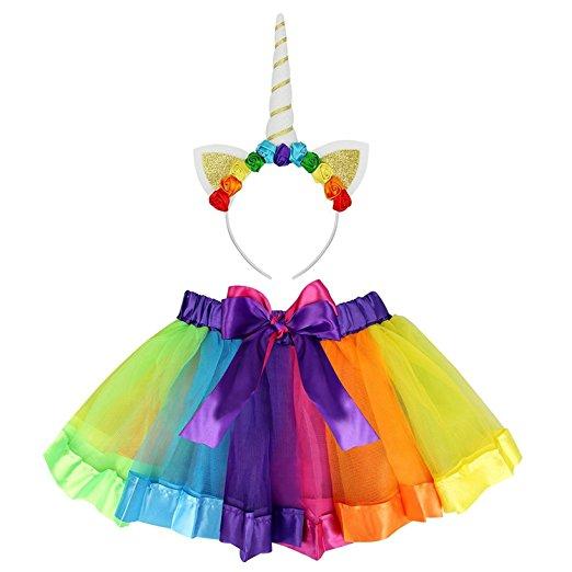 Girls Layered Rainbow Tutu Skirt With Unicorn Headband Ballet Dance Ruffle For 2-6 Years