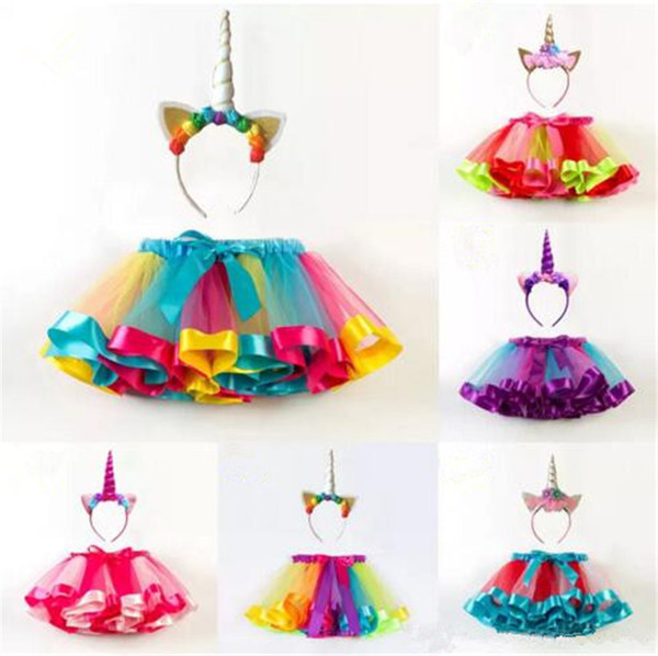 Girls INS Unicorn TUTU skirt +hair accessory sets 2018 New Cosplay unicorn short skirt kids dress 2~11years 6 Color B11