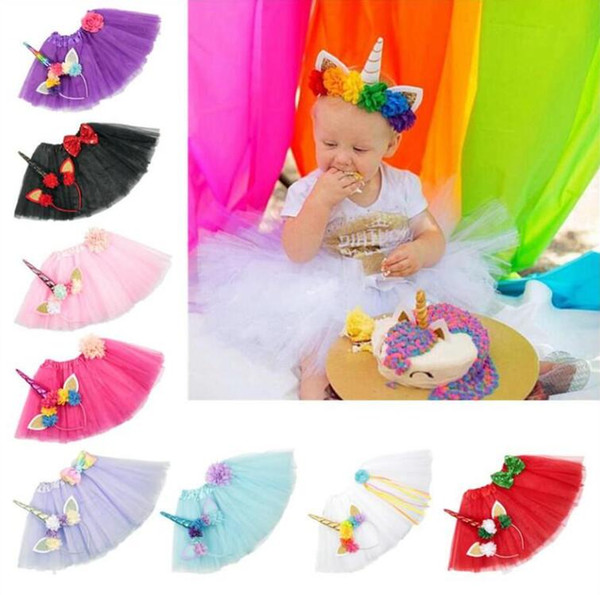 9 Color Girls INS Unicorn TUTU skirt +hair accessory sets 2018 New summer lace Bow flower decoration short skirt kids dress 1~6years