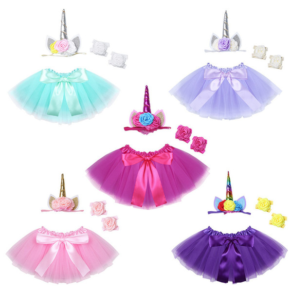 Infant Clothing Unicorn Outfit Tutu Skirt with Headband Barefoot Sandals Set Photography Props 100 days Baby Birthday Party Costume LC800