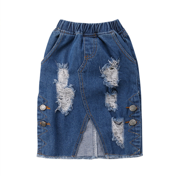 Fashion Kids Girls Denim Skirts Summer Children Girl Hole Ripped Pencil Skirt Toddler Girls Button Split High Waist Skirts 1-6Y