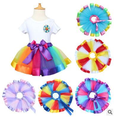 Kids Clothing Baby Tutu Skirts Rainbow Satin Girls Dresses Trimed Gauze Ballet Dance Petticoat Kids Ribbon Birthday Party Costume Skirts