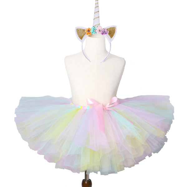 1 Set Pastel Rainbow Unicorn Tutu Skirt Baby Kids Dance Tutu Birthday Party Tulle Skirt Girls Children Halloween Unicorn Costume