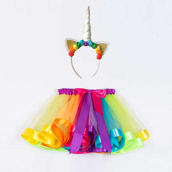 Rainbow Color Skirt Baby Girl Skirt Half-length Rainbow Skirt Children PartDress Children Kids Halloween Costume With Headgear 1-12Y