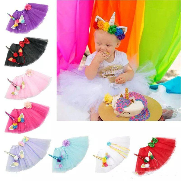 9 Color Girls INS Unicorn TUTU skirt +hair accessory sets 2018 New summer lace Bow flower decoration short skirt kids dress 1~6years B001