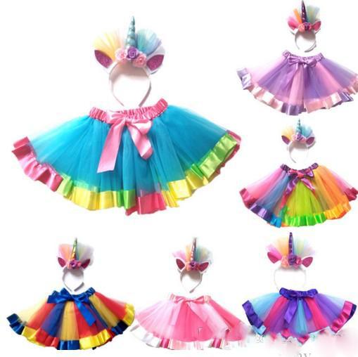 New Kid Baby Girls Rainbow Tutu Skirt Unicorn Headband 2Pcs Photo Prop Costume Outfits Party Shows Perform Skirt 1-8T