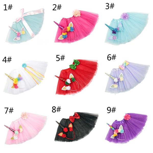 9 Color Girls INS Unicorn TUTU Skirt +Hair Accessory sets New Fashion Lace Bow Flower Decoration Short Skirt Kids Dress 1~6years