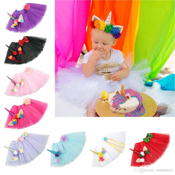 9 Color Girls INS Unicorn TUTU skirt +hair accessory sets 2018 New summer lace Bow flower decoration Girl short skirt kids dress 1~6years