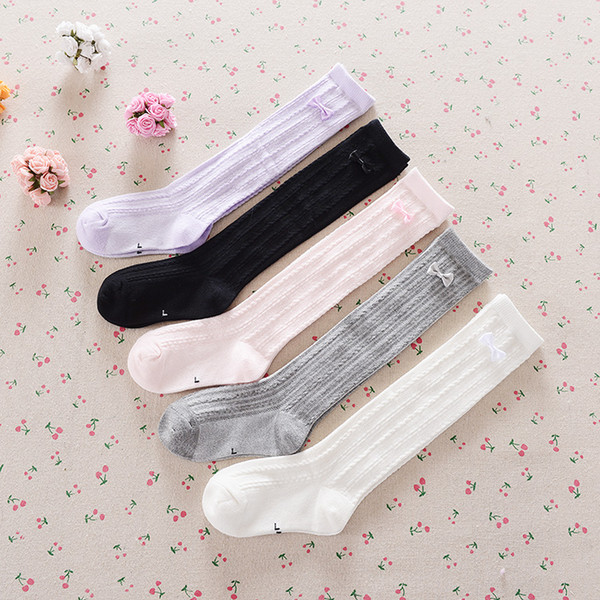 2019 solid color knee high socks bow baby girls kids children cotton sock meias student school dress & dancing socks 1-9Y