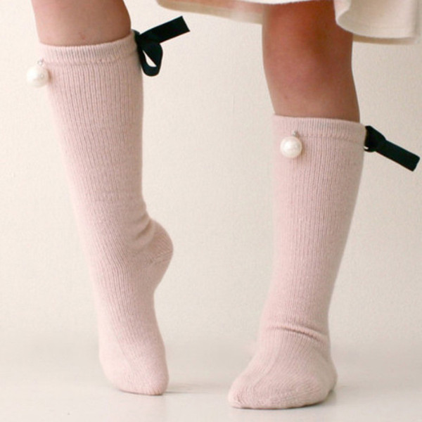 Free Shipping Cute Baby Socks Bow Pearl Princess Dance Socks Infant Knee High Cotton Socks Girls Kids Long Tube Booties Sokken 0-7Y