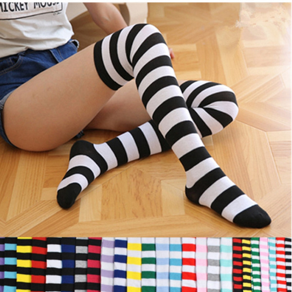 Fashion Lady Over Knee Long Stripe Printed Stockings Thigh High Striped Patterned Socks Sweet Cute Women Girls Socking