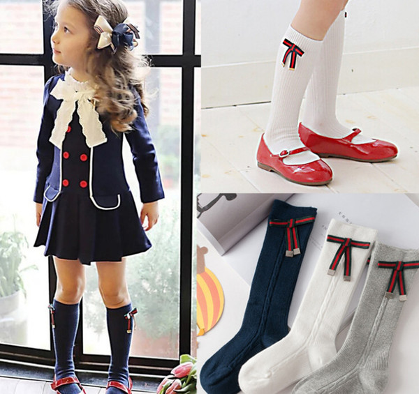 Girls socks fashion children stripes Bows applique princess socks kids twist knitting knee high socks children cotton stocking legs Y4294