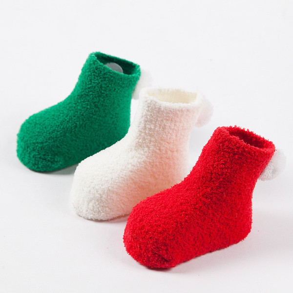 Lovely Baby Boy Girls Coral Fleece Socks With Cute Ball Solid Color Soft Fluffy Kids Christmas Ball Socks Winter Warm Floor Socks