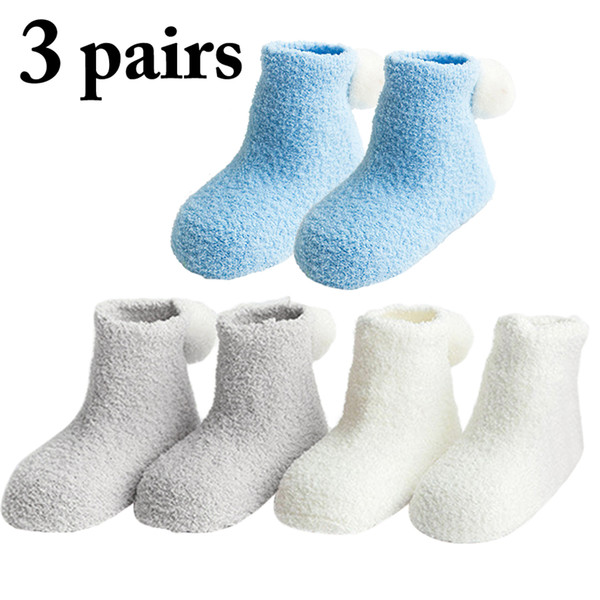 3 Pairs Baby Socks Soft Cute Warm Newborn Socks Infant Toddler With Pom Pom