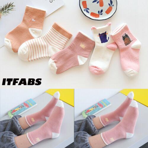 5 Pairs Children's Girls Cotton Socks Sweet Baby Kids Soft Cartoon Striped Printed Cute Socks