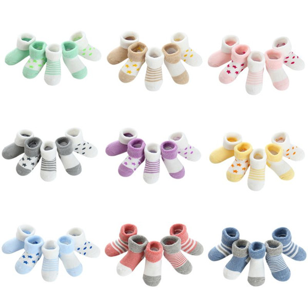 5 Pairs Infant Toddler Baby Winter Long Ankle Terry Towel Socks Cuffed Thicken Contrast Candy Color Striped Star Printed