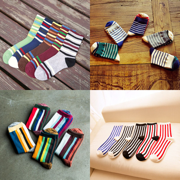 2018 Men's Size 5 Pairs solid color cotton socks striped parttern crew socks business skateboard sock casual funny shorts