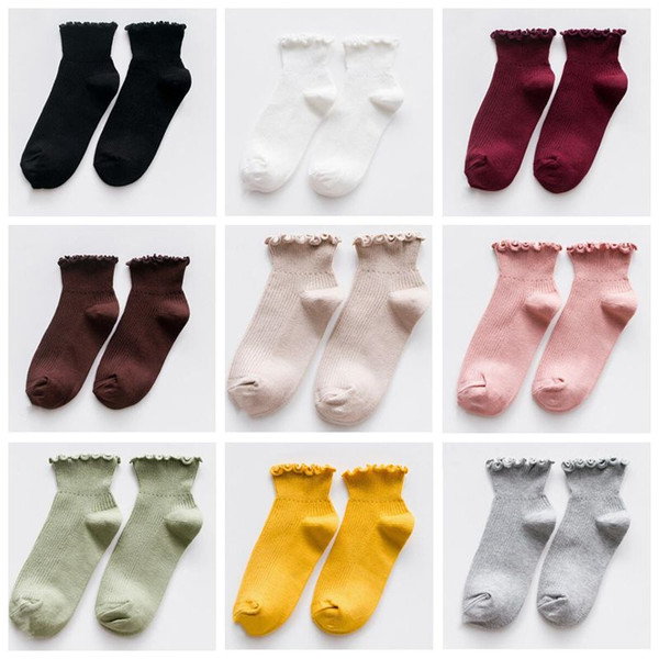 Solid Ruffle Socks Women Frilly Trim Ankle Short Socks Girls Princess Candy Color Hosiery Stripe Knitted Ship Socks Boat Sock Slippers B7087