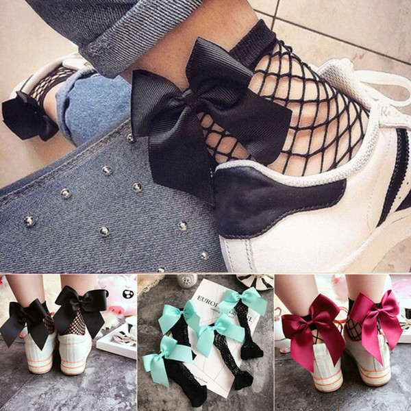 Fishnet Ankle High Socks Bow Tie Socks 2019 Fashion women Girls Fishnet Heel Big bow Mesh Lace socks C6118