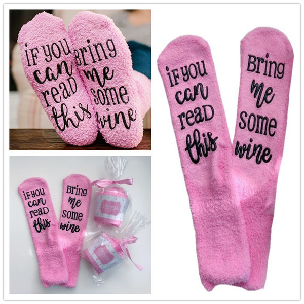 Winter Warm Socks IF YOU CAN READ THIS Bring Me Some Wine Letter Christmas Socks Pink Pile Loop Stockings Unisex Funny Socks Gift