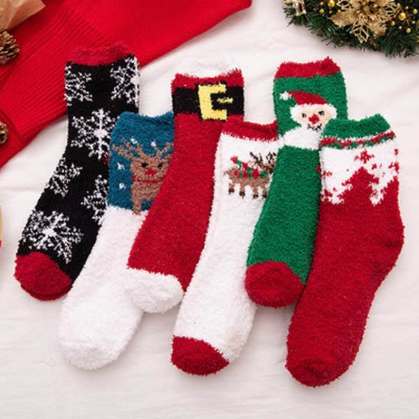 Women Girls Christmas Socks Coral Fleece Snowman Elk Xmas Tree Santa Claus Designs Floor Socks Sleeping Sock ZZA1662