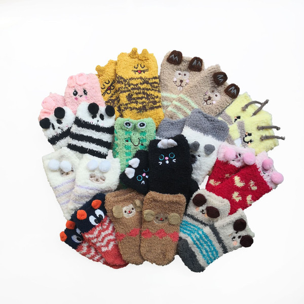 13 style children's winter coral velvet cartoon embroidery animal world socks silicone non-slip baby floor socks no box P074