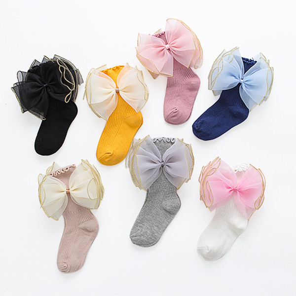 14styles Baby Socks Kids Mesh Bow Tube Socks Solid Candy Casual Hosiery Ruffle Princess Cotton Sock Spring Breathable Calcetines FFA3754