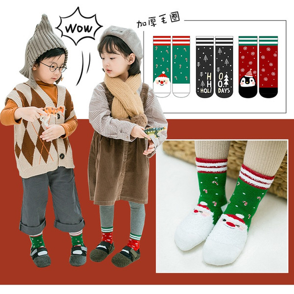 Children's autumn winter style boys and girls thick terry socks snowman penguins Christmas patterns wholesale baby socks 1 bag 3 pairs C024