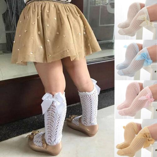 Baby Girl Mesh Socks 3/4 Knee Ankle Lace High Spanish Style Plain Ribbed Socks Toddler Bow 0-3 Years