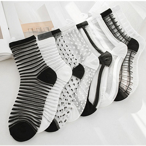 Frill Trim Breathable Glass Silk Crystal Socks Transparent Ankle Sheer Mesh socks Free Shpping 10 styles