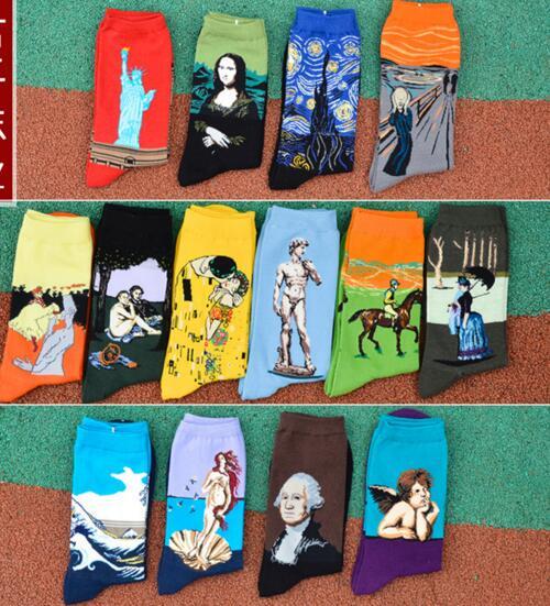 Art Style Sock Women MEN 100% Cotton Vintage Statue of Liberty Mona Lisa Starry Sky Kiss Socking Lovers Middle tube socks