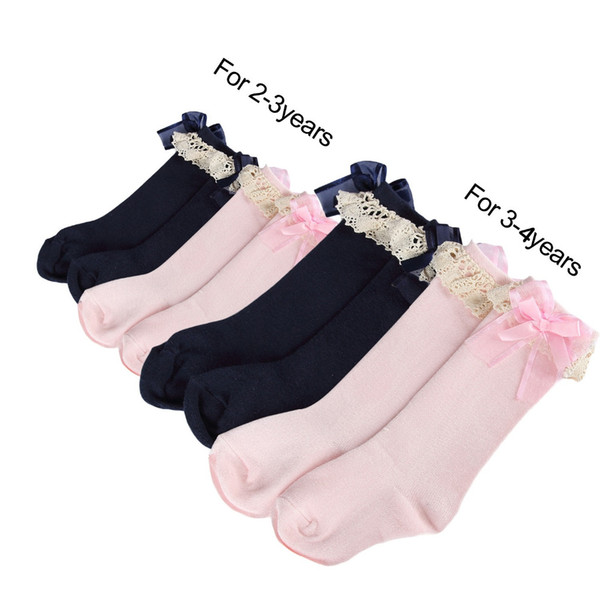 2 Color Lace Flowers Toddler Kids girl socks Knee High Length with Organza Bow calcetines free shipping