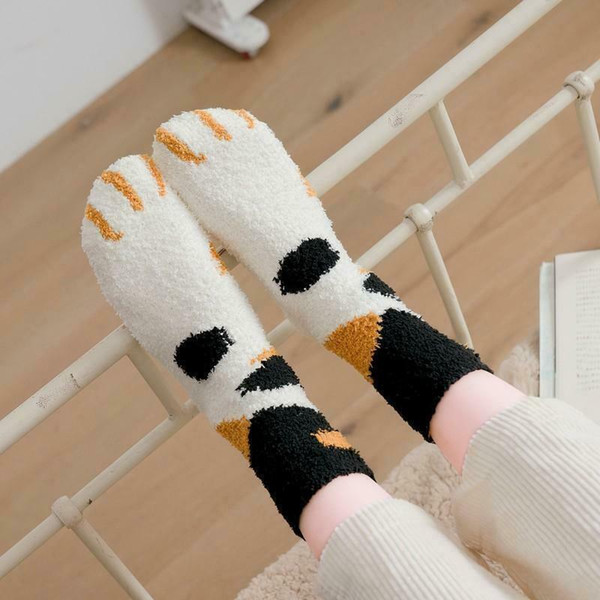 Plush Coral Fleece Socks Female Tube Socks Autumn and Winter Cat Claws Cute Thick Warm Sleeping Floor Sleep Socks