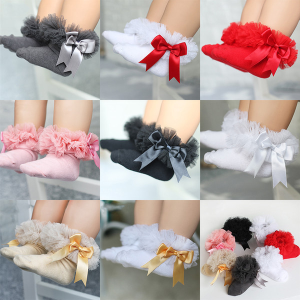 0-6T Kids Girls bow ruffle Socks Baby Tutu Yarn Lace Bow Socks Infants Children Princess Dancing socks C1770