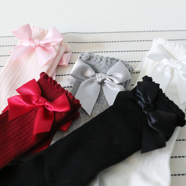 Lace bow Kids Socks Toddlers Girls Big Bow Knee High Long Soft Cotton ruffle baby children fashion Socks FFA3785