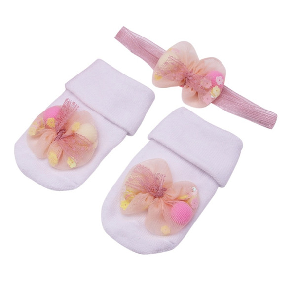 Newborn Babys Spring Cute Mesh Bow Design Cotton Socks with Hairband Photography Props Set New