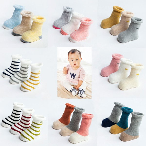 3Pcs Autumn And Winter Thickening Terry Cotton Baby Socks In The Tube Loose Mouth Soft Warm Baby Socks Striped Children